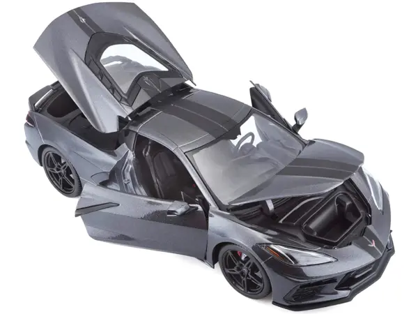 2020 Chevrolet Corvette Stingray C8 Dark Gray Metallic with Racing Stripes 1/18 Diecast Model Car by Maisto #2