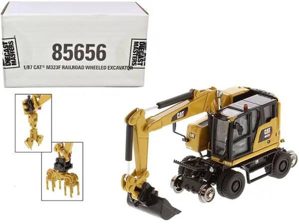 CAT Caterpillar M323F Railroad Wheeled Excavator with 3 Accessories (CAT Yellow Version) "High Line" Series 1/87 (HO) Scale Diecast Model by Diecast Masters #1