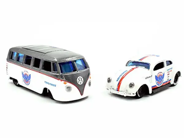 Volkswagen Samba Bus Dark Gray Metallic and White with Volkswagen Beetle White Metallic and Enclosed Car Trailer Silver "Toyo Tires" "Team Haulers" Series 1/64 Diecast Model Cars by Maisto #2