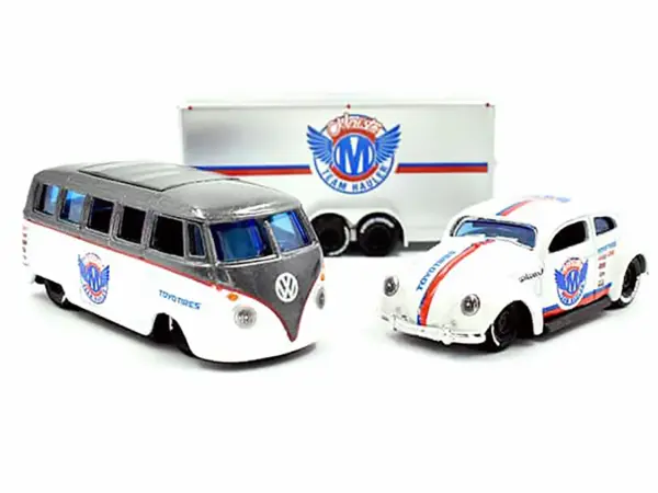 Volkswagen Samba Bus Dark Gray Metallic and White with Volkswagen Beetle White Metallic and Enclosed Car Trailer Silver "Toyo Tires" "Team Haulers" Series 1/64 Diecast Model Cars by Maisto #3