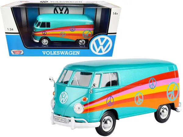 Volkswagen Type 2 (T1) Delivery Van "Peace" Turquoise Metallic 1/24 Diecast Model Car by Motormax #1