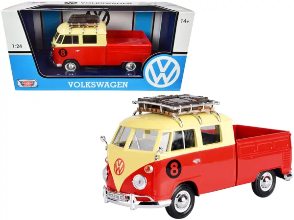 Volkswagen Type 2 (T1) #8 Pickup Truck with Roof Rack and Luggage Red and Yellow 1/24 Diecast Model Car by Motormax #1