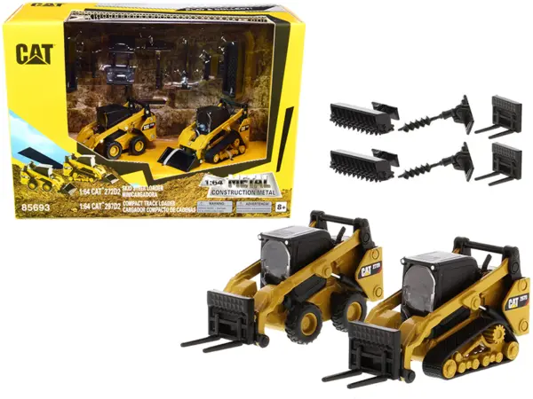 Set of 2 pieces CAT Caterpillar 272D2 Skid Steer Loader and CAT Caterpillar 297D2 Compact Track Loader with Accessories 1/64 Diecast Models by Diecast Masters #1