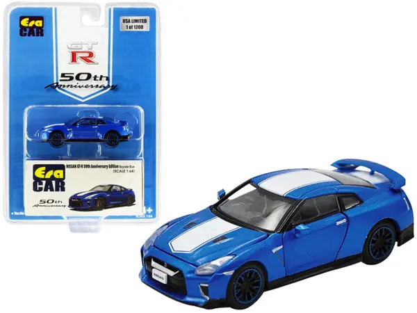 Nissan GT-R RHD (Right Hand Drive) Bayside Blue with White Stripe "50th Anniversary Edition" Limited Edition to 1200 pieces 1/64 Diecast Model Car by Era Car #1