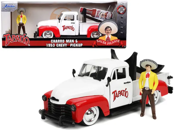 1953 Chevrolet Pickup Truck White and Red with Charro Man Diecast Figurine "Tapatio" 1/24 Diecast Model Car by Jada #1
