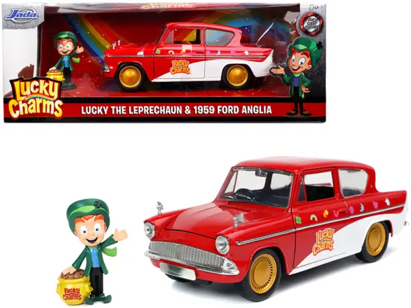1959 Ford Anglia Red and White with Lucky the Leprechaun Diecast Figurine "Lucky Charms" 1/24 Diecast Model Car by Jada #1
