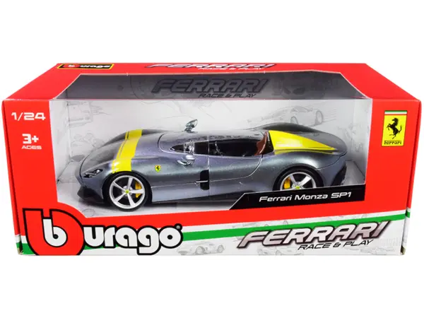 Ferrari Monza SP1 Silver Metallic with Yellow Stripes 1/24 Diecast Model Car by Bburago #1