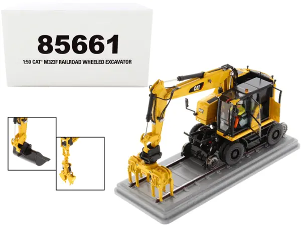 CAT Caterpillar M323F Railroad Wheeled Excavator with Operator and 3 Work Tools Safety Yellow Version "High Line Series" 1/50 Diecast Model by Diecast Masters #1