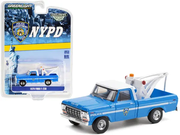 1979 Ford F-250 Tow Truck with Drop-In Tow Hook Blue with White Top "New York City Police Dept." (NYPD) "Hobby Exclusive" 1/64 Diecast Model Car by Greenlight #1