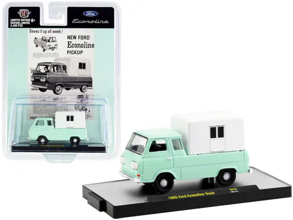 1965 Ford Econoline Pickup Truck with Camper Shell Mint Green and White Limited Edition to 4400 pieces Worldwide 1/64 Diecast Model Car by M2 Machines #1