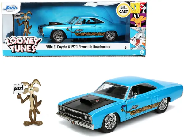 1970 Plymouth 440-6BBL RoadRunner Light Blue Metallic with Black Hood and Wile E. Coyote Diecast Figurine "Looney Tunes" 1/24 Diecast Model Car by Jada #1