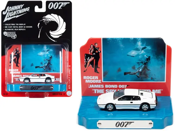 1976 Lotus Esprit S1 White with Collectible Tin Display "007" (James Bond) "The Spy Who Loved Me" (1977) Movie (10th in the James Bond Series) 1/64 Diecast Model Car by Johnny Lightning #1