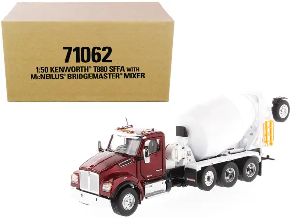 Kenworth T880 SFFA with McNeilus Bridgemaster Mixer Truck Radiant Red and White 1/50 Diecast Model by Diecast Masters #1
