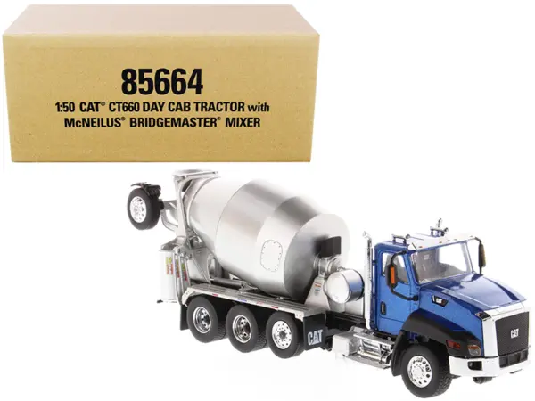CAT Caterpillar CT660 Day Cab Tractor with McNeilus Concrete Mixer Truck Blue Metallic 1/50 Diecast Model by Diecast Masters #1