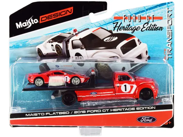 2018 Ford GT #1 Heritage Edition with Flatbed Truck Red with White Stripes "Elite Transport" Series 1/64 Diecast Model Cars by Maisto #1