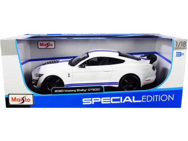 2020 Ford Mustang Shelby GT500 White with Blue Stripes "Special Edition" 1/18 Diecast Model Car by Maisto #1
