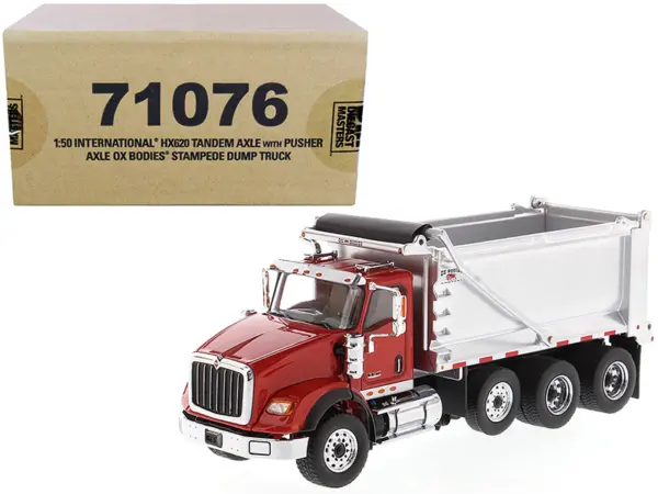 International HX620 Tandem Axle with Pusher Axle OX Stampede Dump Truck Red and Chrome "Transport Series" 1/50 Diecast Model by Diecast Masters #1