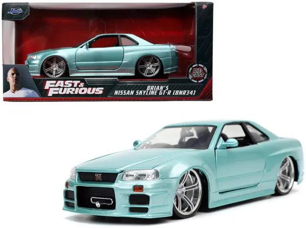 Brian's Nissan Skyline GT-R (BNR34) RHD (Right Hand Drive) Turquoise Metallic "Fast & Furious" Movie 1/24 Diecast Model Car by Jada #1