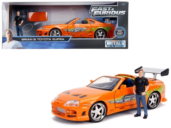 Toyota Supra Orange Metallic with Brian Diecast Figurine "Fast & Furious" Movie 1/24 Diecast Model Car by Jada #1