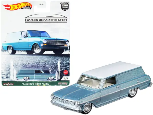 1964 Chevrolet Nova Panel Light Blue Metallic with White Top "Fast Wagons" Series Diecast Model Car by Hot Wheels #1