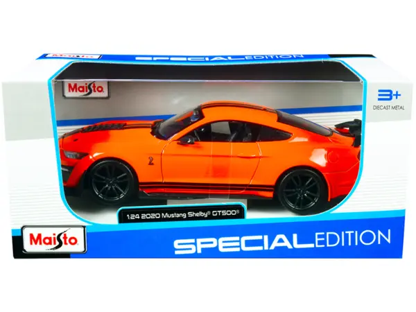 2020 Ford Mustang Shelby GT500 Bright Orange with Black Stripes 1/24 Diecast Model Car by Maisto #1