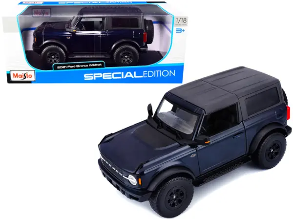 2021 Ford Bronco Wildtrak Dark Blue Metallic with Dark Gray Top "Special Edition" 1/18 Diecast Model Car by Maisto #1