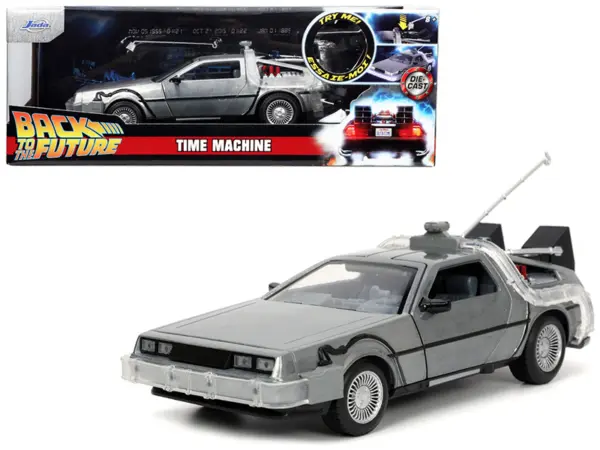 DeLorean Brushed Metal Time Machine with Lights "Back to the Future" (1985) Movie "Hollywood Rides" Series 1/24 Diecast Model Car by Jada #1
