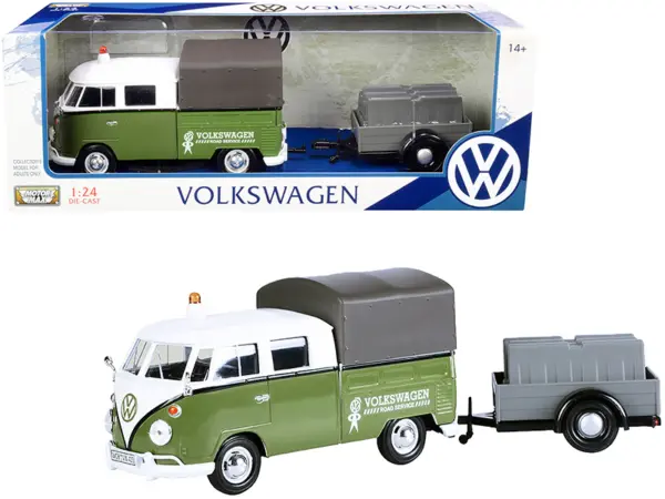 Volkswagen T1 Pickup with Canopy Green and White with Trailer "Road Service" 1/24 Diecast Model Car by Motormax #1