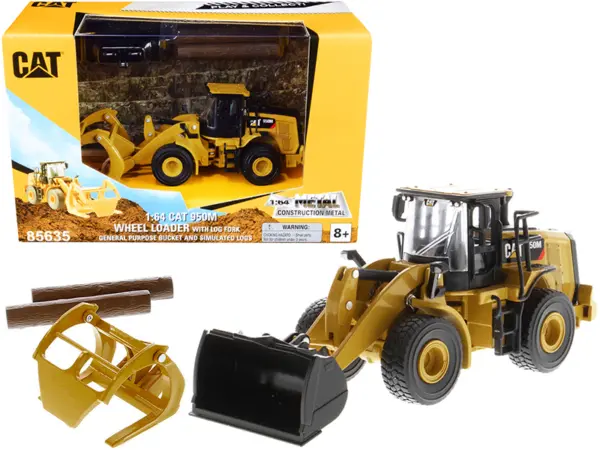 CAT Caterpillar 950M Wheel Loader with Bucket and Log Fork with Two Log Poles "Play & Collect!" 1/64 Diecast Model by Diecast Masters #1