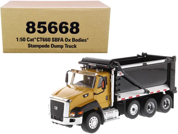 CAT Caterpillar CT660 SBFA with Ox Bodies Stampede Dump Truck Yellow and Black 1/50 Diecast Model by Diecast Masters #1