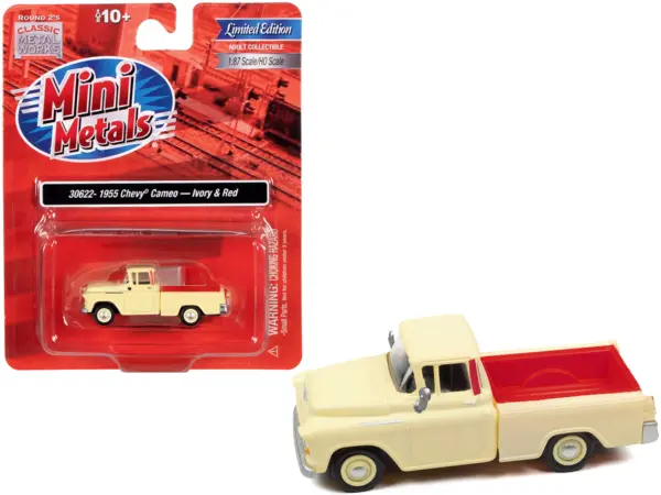 1955 Chevrolet Cameo Pickup Truck Ivory and Red 1/87 (HO) Scale Model Car by Classic Metal Works #1