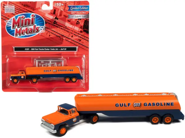 1960 Ford Tanker Truck Orange and Blue "Gulf Oil" 1/87 (HO) Scale Model by Classic Metal Works #1