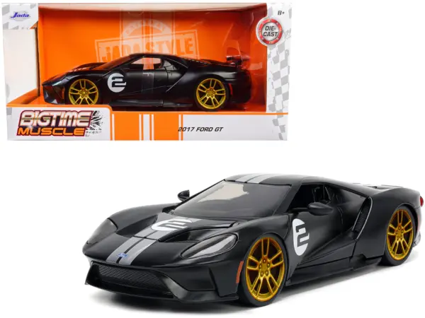 2017 Ford GT #2 Matt Black with Silver Stripes and Gold Wheels "Bigtime Muscle" Series 1/24 Diecast Model Car by Jada #1
