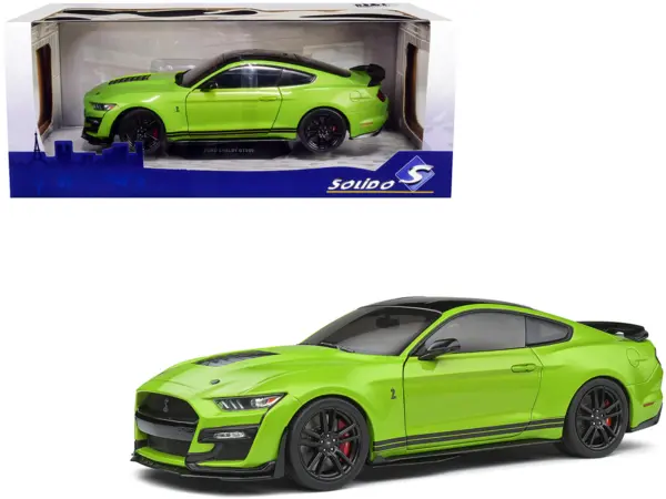 2020 Ford Mustang Shelby GT500 Grabber Lime Green Metallic with Black Top and Stripes 1/18 Diecast Model Car by Solido #1