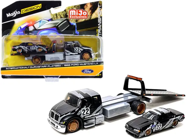 International DuraStar Flatbed Truck #22 and 1988 Ford Mustang LX #22 Matt Black with Gray Graphics "Toyo Tires" "Elite Transport" Series 1/64 Diecast Models by Maisto #1