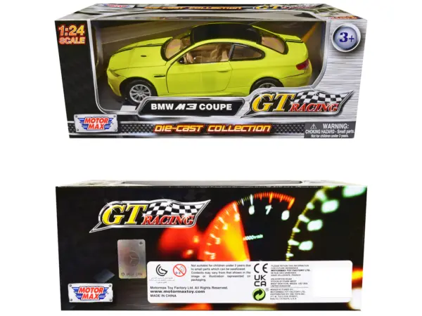 BMW M3 Coupe Neon Yellow with Matt Black Top and Stripes "GT Racing" Series 1/24 Diecast Model Car by Motormax #3