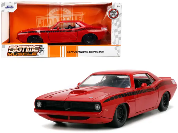 1973 Plymouth Barracuda Red with Black Stripes "Bigtime Muscle" Series 1/24 Diecast Model Car by Jada #1