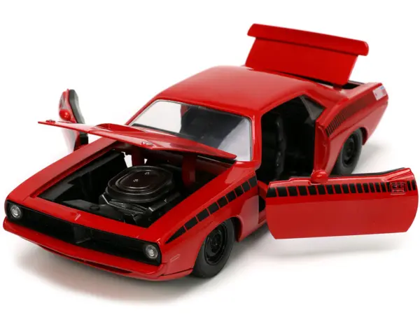 1973 Plymouth Barracuda Red with Black Stripes "Bigtime Muscle" Series 1/24 Diecast Model Car by Jada #2