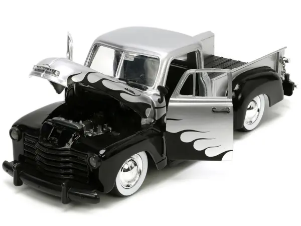 1953 Chevrolet 3100 Pickup Truck Silver Metallic with Black Flames with Extra Wheels "Just Trucks" Series 1/24 Diecast Model Car by Jada #2