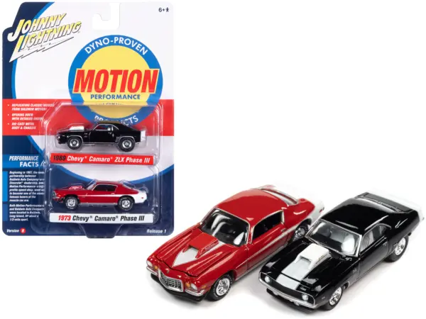 1969 Chevrolet Camaro ZLX Phase III Black with White Stripes and 1973 Chevrolet Camaro Phase III Medium Red and White "Baldwin Motion" Set of 2 Cars 1/64 Diecast Model Cars by Johnny Lightning #1