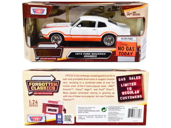 1974 Ford Maverick Grabber White with Orange Stripes "Forgotten Classics" Series 1/24 Diecast Model Car by Motormax #3