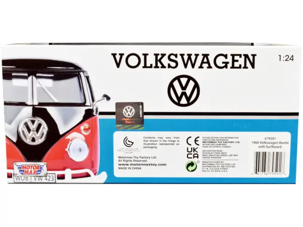 1966 Volkswagen Beetle Black with Wood Panels and Two Surfboards on Roof Rack 1/24 Diecast Model Car by Motormax #2