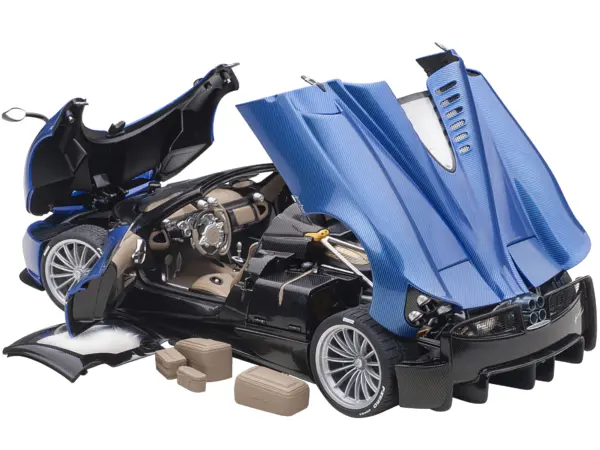 Pagani Huayra Roadster Blue Tricolore Carbon Fiber with Black Top with Luggage Set 1/18 Model Car by Autoart #2