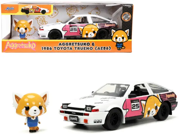 1986 Toyota Trueno (AE86) RHD (Right Hand Drive) #25 White with Graphics and Aggretsuko Diecast Figure "Aggretsuko" "Anime Hollywood Rides" Series 1/24 Diecast Model Car by Jada #1