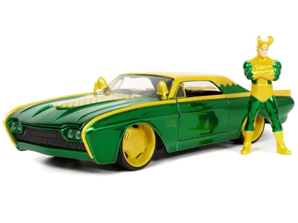 1963 Ford Thunderbird Green and Yellow Metallic with Hood Graphics and Loki Diecast Figure "Loki" "Marvel" Series 1/24 Diecast Model Car by Jada #5