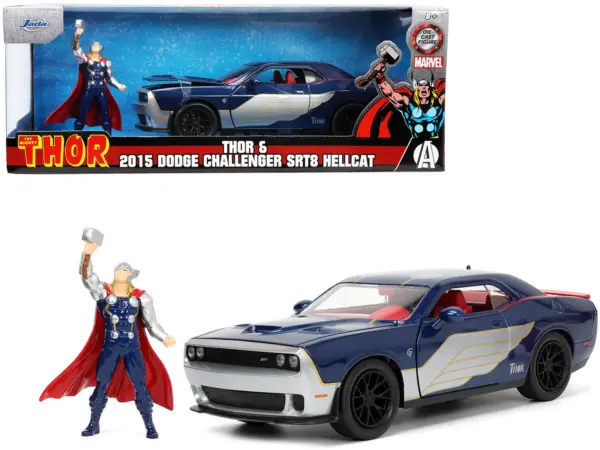 2015 Dodge Challenger SRT Hellcat Dark Blue with Graphics and Red Interior and Thor Diecast Figure "The Mighty Thor" "Marvel" Series 1/24 Diecast Model Car by Jada #1