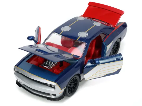 2015 Dodge Challenger SRT Hellcat Dark Blue with Graphics and Red Interior and Thor Diecast Figure "The Mighty Thor" "Marvel" Series 1/24 Diecast Model Car by Jada #2
