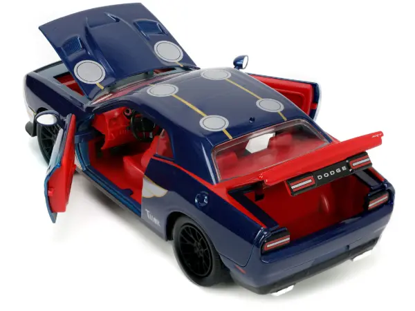 2015 Dodge Challenger SRT Hellcat Dark Blue with Graphics and Red Interior and Thor Diecast Figure "The Mighty Thor" "Marvel" Series 1/24 Diecast Model Car by Jada #4