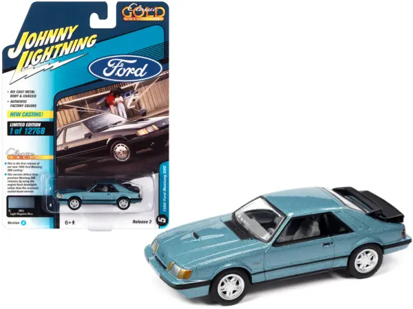1986 Ford Mustang SVO Light Regatta Blue Metallic with Black Stripes "Classic Gold Collection" Series Limited Edition to 12768 pieces Worldwide 1/64 Diecast Model Car by Johnny Lightning #1
