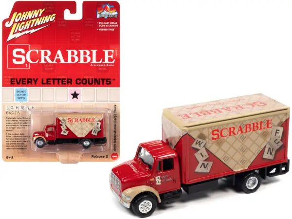 1999 International Cargo Truck Red with Graphics "Scrabble" "Pop Culture" 2022 Release 2 1/64 Diecast Model Car by Johnny Lightning #1